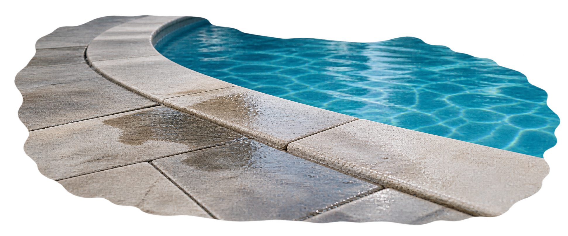 Humedad alrededor de la piscina por posible fuga: revisar la zona del pavimento Humedad alrededor de la piscina por posible fuga: pavimento mojado junto al borde