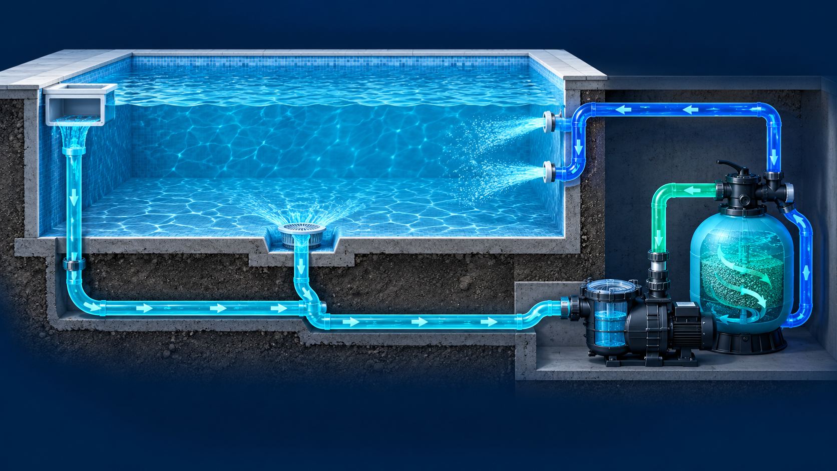 Fuga en tubería de piscina: circuito completo de aspiración, impulsión y retorno